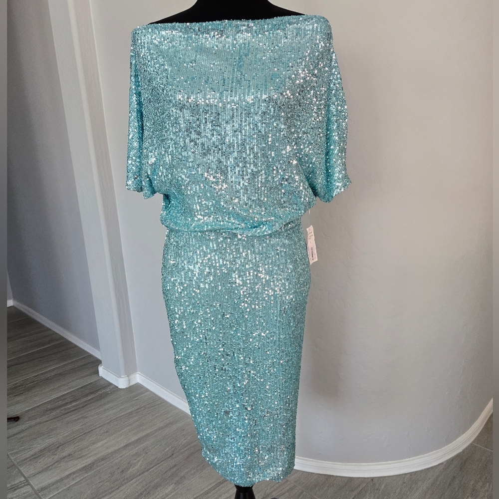 Alexia Ardmor Blue Sequin Evening Gown Dress Boat Neck Dolman Sleeves Sz L NEW